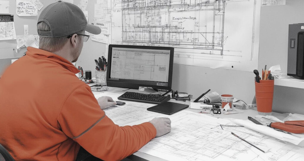 Inżynier w biurze projektowym analizuje rysunki techniczne i schematy konstrukcyjne na komputerze oraz papierowych planach.